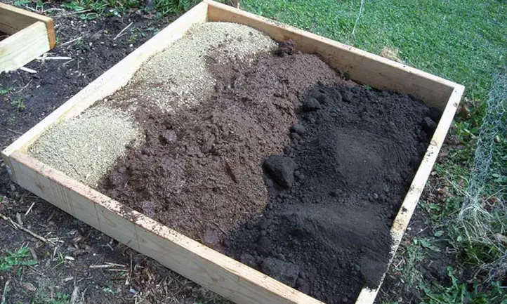 Turba y otros materiales del suelo en un jardín de pies cuadrados