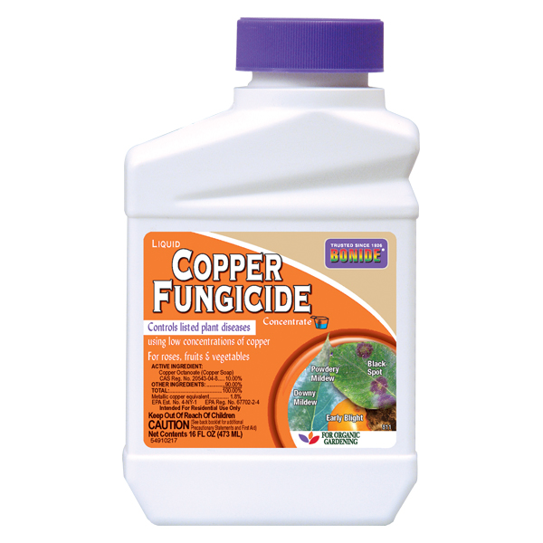 Concentrado de fungicida de cobre líquido BONIDE® en una botella de plástico sobre un fondo blanco aislado.