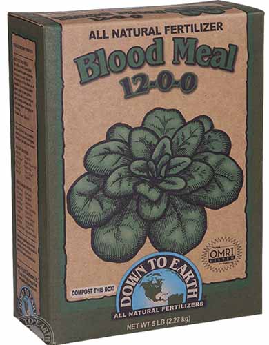 Una imagen vertical de cerca del empaque de Down to Earth Blood Meal en un fondo blanco.