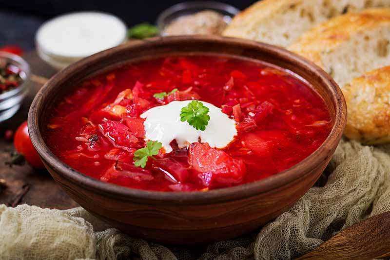 Un primer plano de un cuenco de madera con borscht, la sopa tradicional de Europa del Este.  Hecho de remolacha, el líquido es de un color rojo intenso con una cucharada de crema y hierbas en la parte superior.  El fondo es tejido rústico y pan recién cortado.