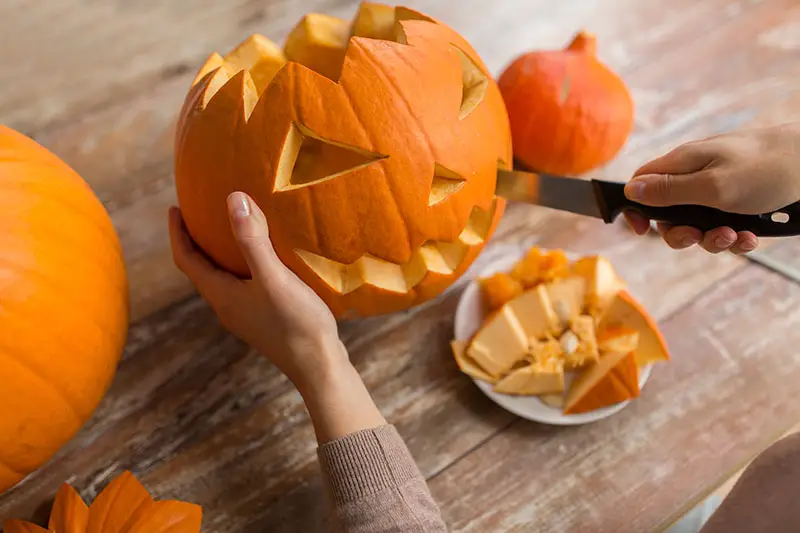 Un primer plano de dos manos desde la derecha del marco sosteniendo una gran calabaza naranja y usando un cuchillo para tallar una cara para Halloween.
