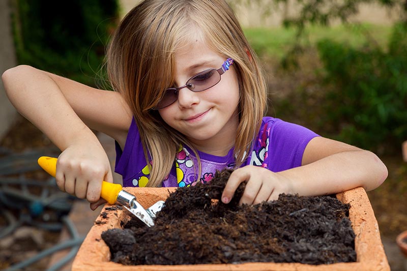 Una imagen horizontal de primer plano de un niño que prepara un suelo rico en un recipiente cuadrado de terracota, representado en un fondo de enfoque suave.