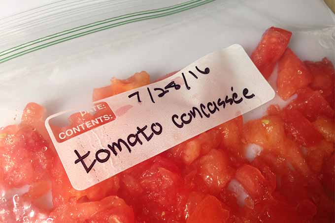 Una imagen horizontal de primer plano de una pequeña bolsa de plástico que contiene tomate concasse, etiquetada y lista para congelar.