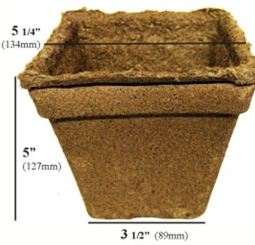 Un primer plano de las dimensiones de las macetas de vivero biodegradables Cow Pot sobre un fondo blanco.