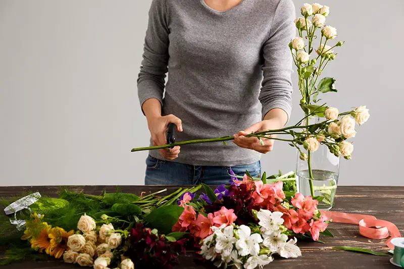 Un primer plano de una mujer vestida con un suéter gris usando tijeras de podar para cortar la parte inferior de los tallos de las flores recién cortadas y colocarlas en un jarrón de vidrio.