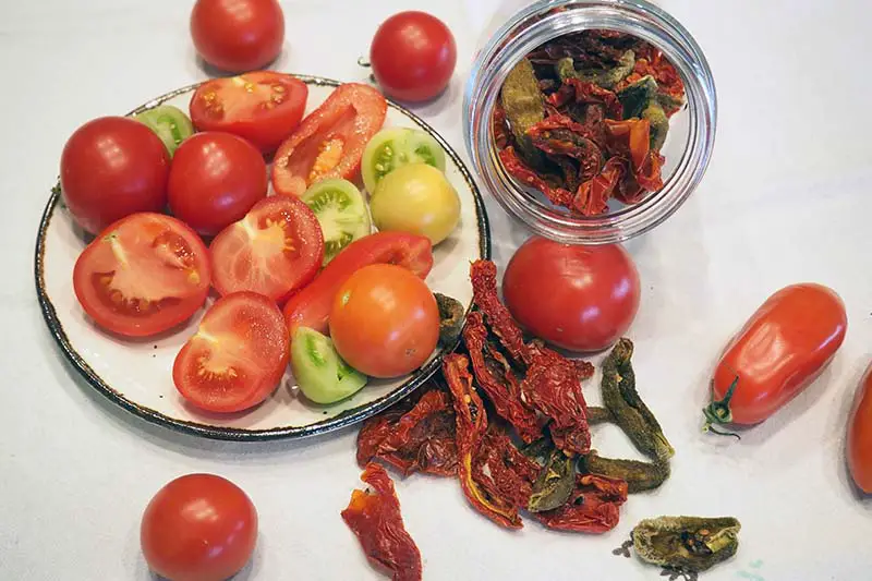 Una imagen horizontal de primer plano de un plato de tomates caseros recién cosechados a la izquierda del marco y unos deshidratados en un frasco a la derecha, sobre una superficie blanca.