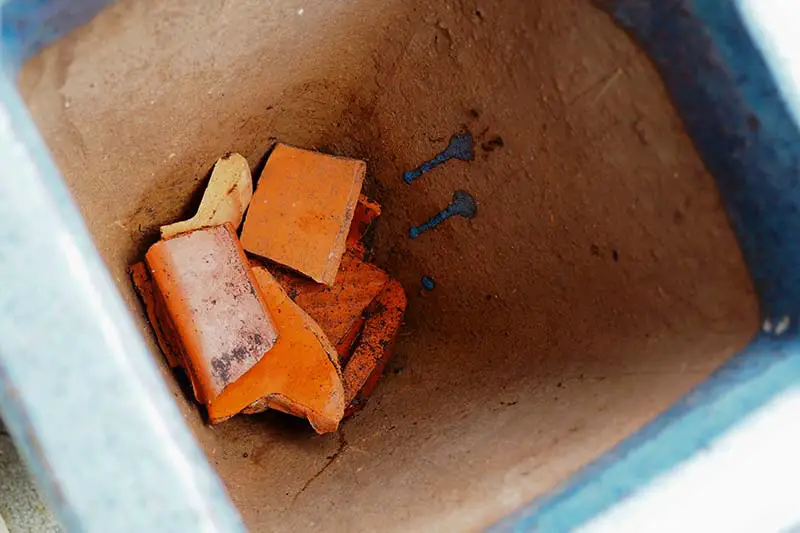 Una imagen de arriba hacia abajo de un contenedor vacío con piezas de cerámica rotas colocadas en el fondo para ayudar con el drenaje.