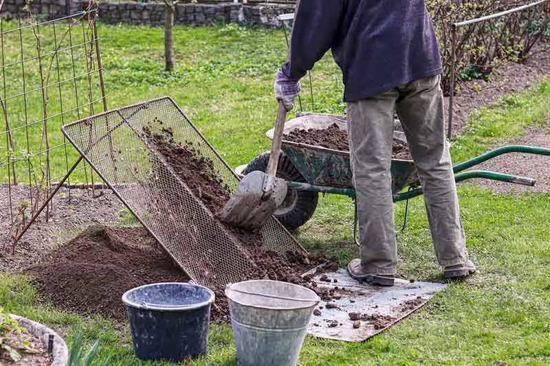 Un hombre sacando tierra del jardín de una carretilla y tamizándola a través de una rejilla metálica para eliminar grumos y piedras.  En el fondo hay una escena de jardín.