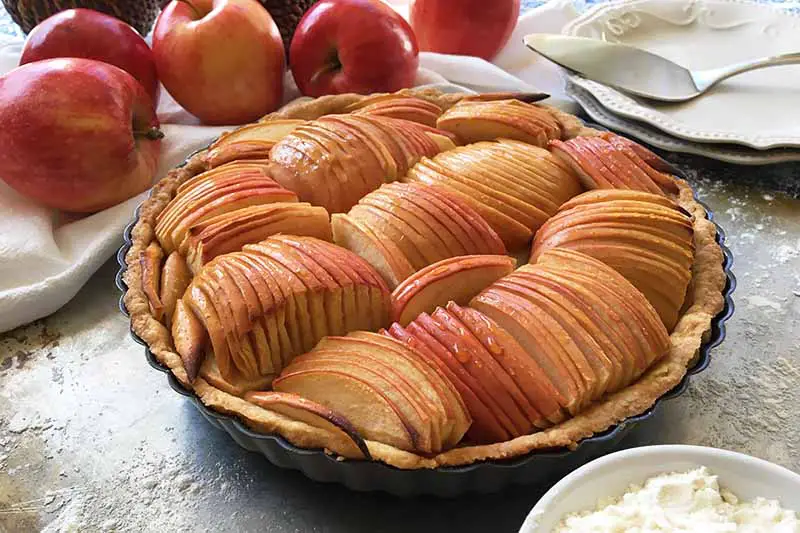 Una imagen horizontal de primer plano de una tarta de manzana recién horneada sobre una superficie enharinada con manzanas frescas en el fondo.