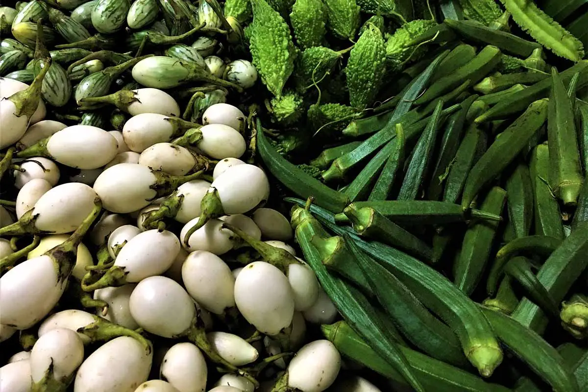 Una imagen horizontal de cerca de una cosecha fresca de okra, berenjena blanca y manzanas balsámicas en un mercado.