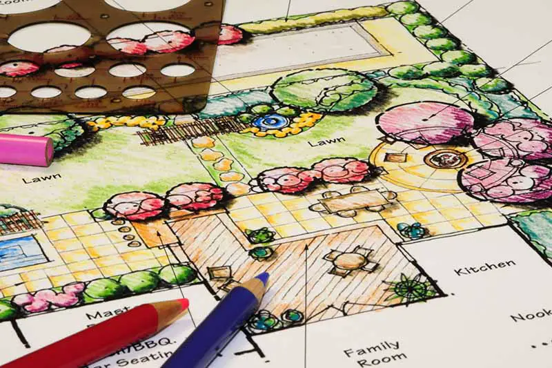Una imagen horizontal de un diseño de jardín dibujado a mano con lápices de colores en la parte inferior del marco.