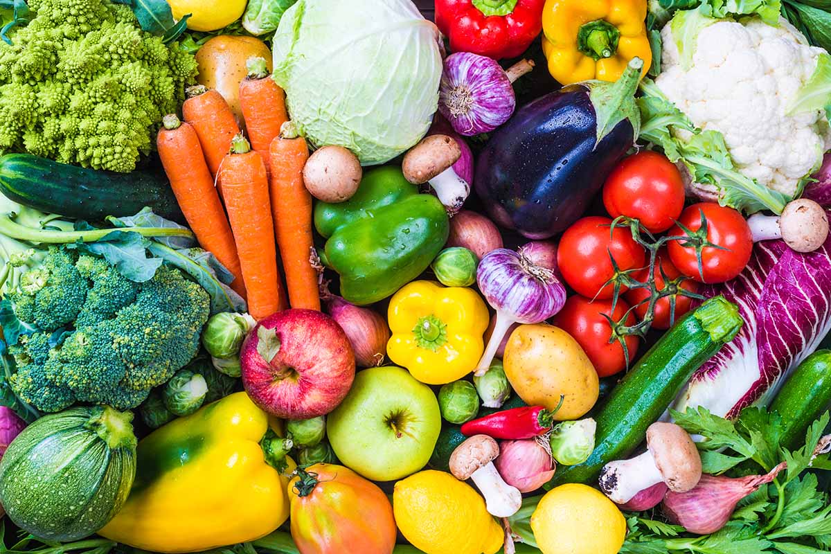 Una imagen horizontal de primer plano de una gran cosecha de diferentes verduras y frutas.