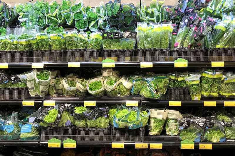 Un estante de supermercado repleto de diferentes hierbas en paquetes de plástico dispuestos en cestas de mimbre de color marrón oscuro con los precios debajo.
