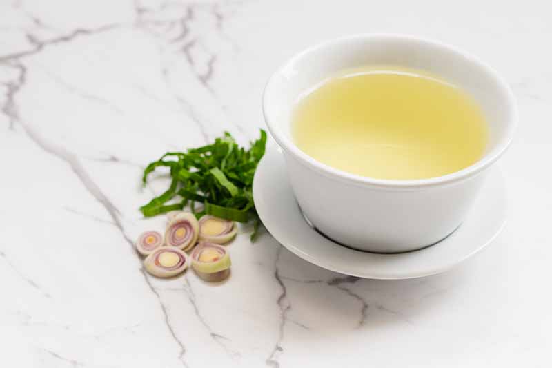 Un primer plano de una taza y plato de porcelana blanca con un té de color amarillo.  A la izquierda de la taza hay rodajas de hojas y tallos de limoncillo, sobre una superficie de mármol claro.