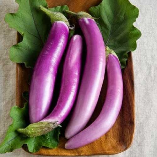 Un primer plano de berenjenas asiáticas de color púrpura claro sobre un plato de madera con grandes hojas verdes que las rodean.