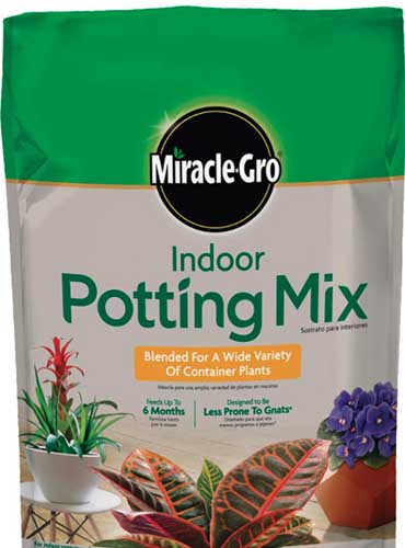 Una imagen vertical de primer plano del empaque de Miracle-Gro Indoor Potting Mix en un fondo blanco.