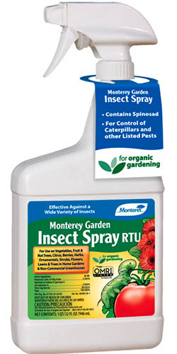 Una imagen vertical de primer plano de una botella de spray de Monterey Garden Insect Spray sobre un fondo blanco.