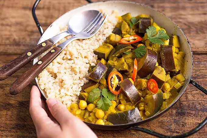 Vista oblicua de una sartén llena de curry picante de berenjena con arroz.