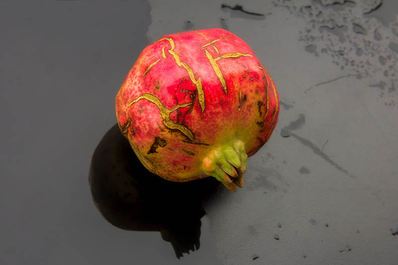 Una imagen horizontal de primer plano de una fruta de Punica granatum con daños en la piel exterior sobre una superficie gris oscuro.