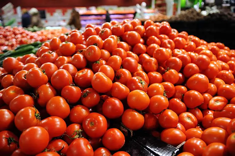 Una gran pantalla de supermercado de tomates rojos maduros, con compradores y gabinetes en foco suave en el fondo.