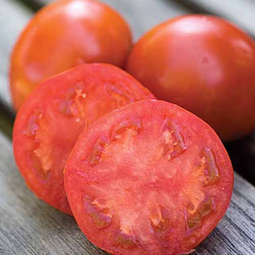 Un primer plano de una variedad de tomate 'Sweet Seedless', cortado por la mitad, con dos frutos enteros en el fondo, sobre una superficie de madera.