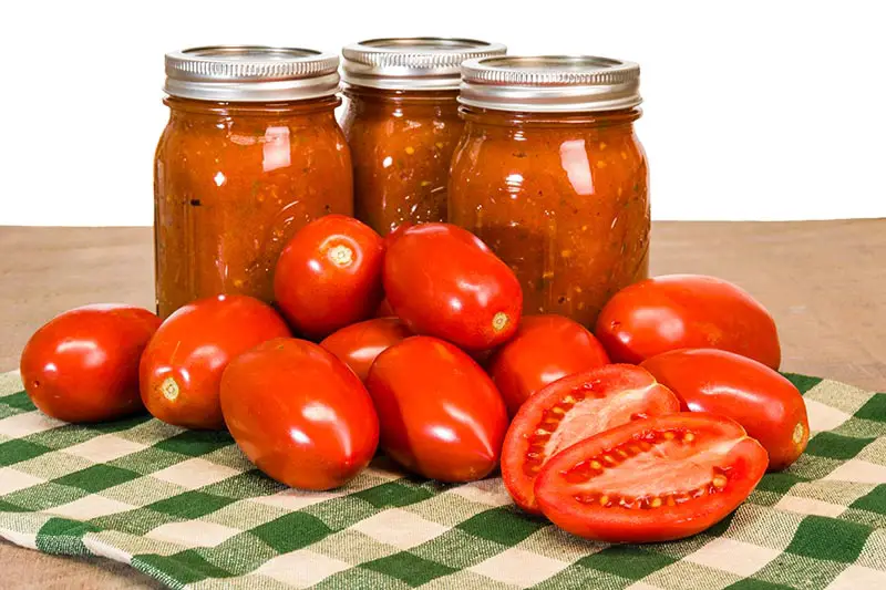 Un primer plano de tres frascos de vidrio con tapas de metal, que contienen salsa roja, colocados sobre una tela de cuadros verdes.  En primer plano hay tomates rojos brillantes recién cosechados.