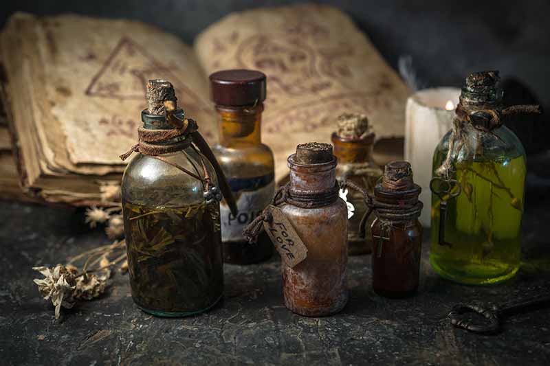 Una imagen horizontal de cerca de una escena espeluznante con pociones mágicas en botellas y libros antiguos en el fondo.