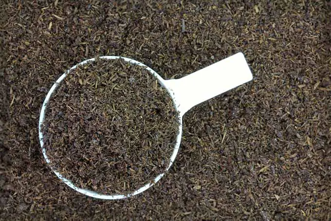 Una imagen de fondo de primer plano de humus de gusano seco con una pequeña cuchara de plástico blanco.