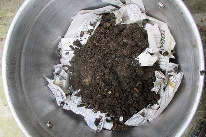 Una imagen de arriba hacia abajo de un contenedor de vermicompost con revestimiento de carbón y tierra añadida